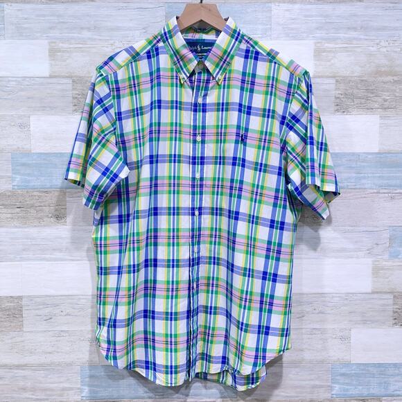 Ralph Lauren Classic Fit Short Sleeve Poplin Shirt Multi Plaid Preppy Mens Large - Picture 1 of 6